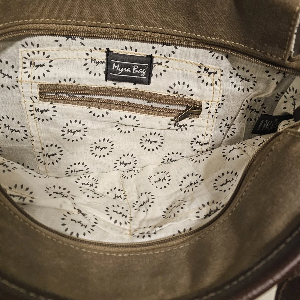 Myra Bag Brown Canvas Tote with  Brown and Cream Patterned Tote Bag - Unbranded